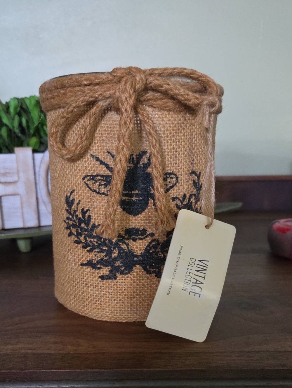 NWT Home Essentials Vintage Collection Bee Burlap Glass Vase Candle Holder